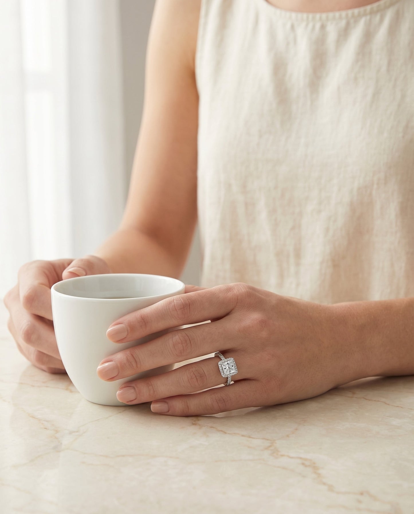 Shared Prong Pavé Halo Princess, in Platinum, pave setting – lifestyle shot | RockHer