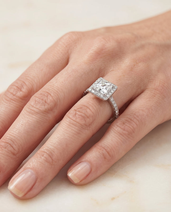 Shared Prong Pavé Halo Princess, in Platinum, pave setting – lifestyle shot | RockHer