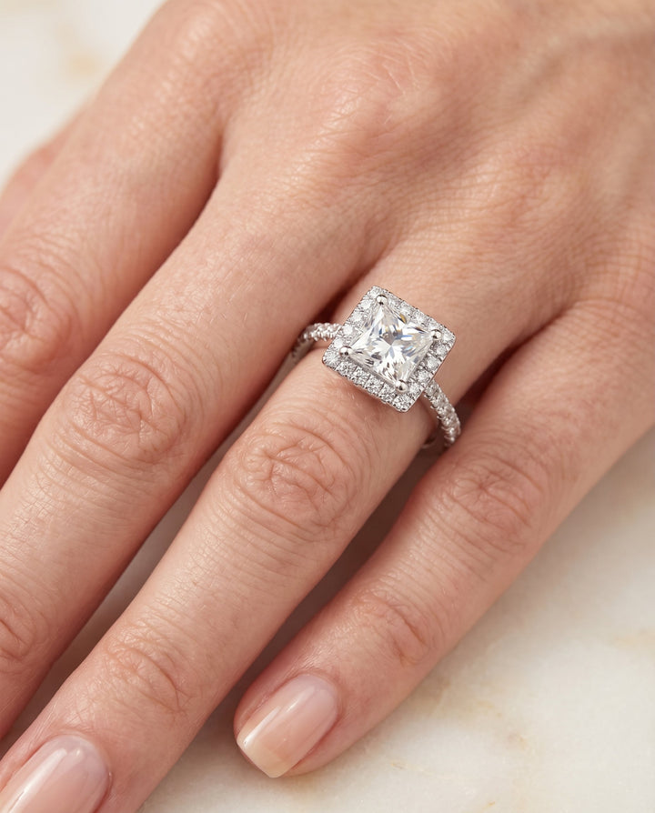 Shared Prong Pavé Halo Princess, in Platinum, pave setting – lifestyle shot | RockHer
