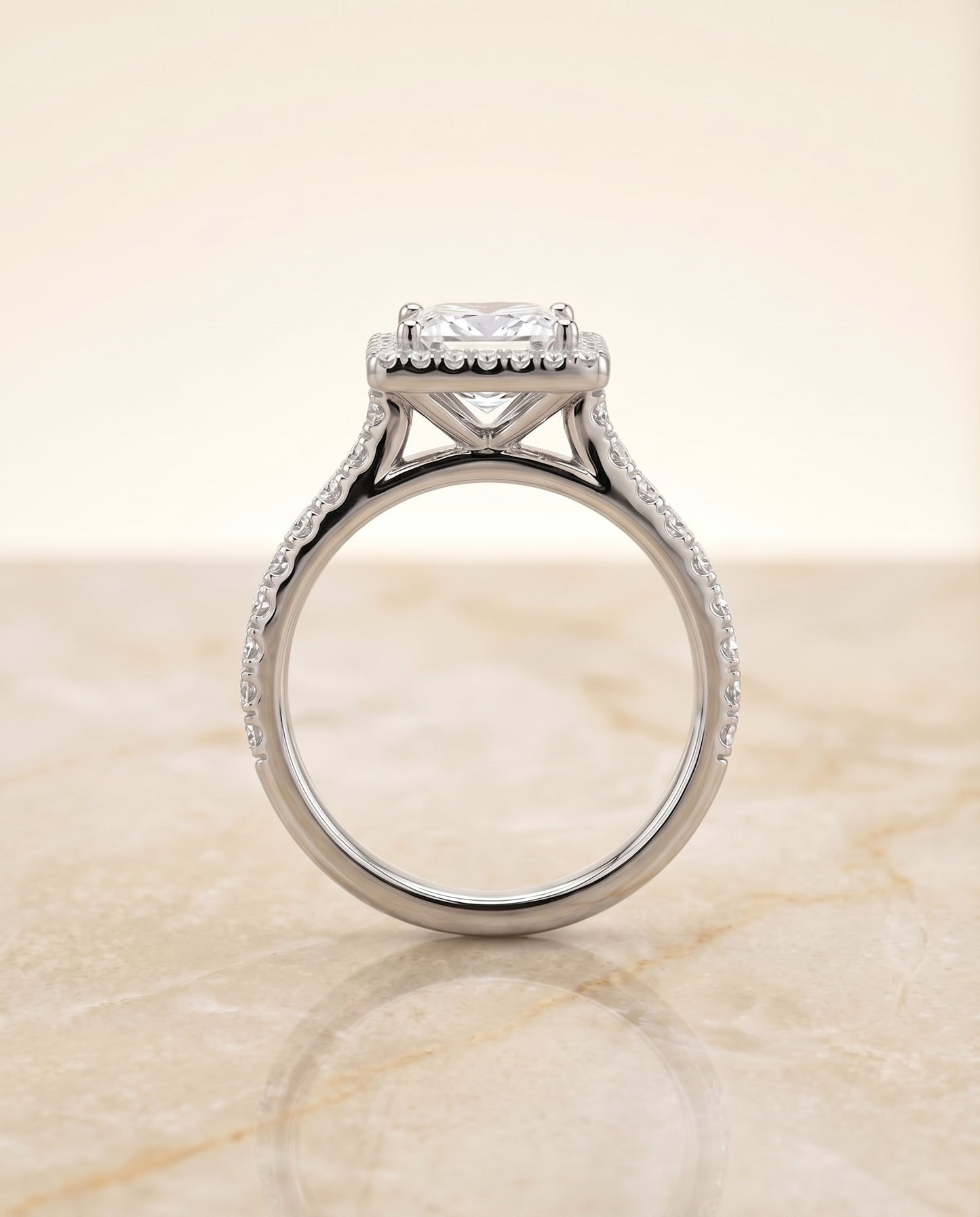 Shared Prong Pavé Halo Princess, in Platinum, pave setting – side profile | RockHer