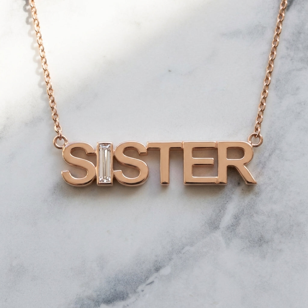 SISTER lab-grown diamond letter necklace in 14K Rose Gold