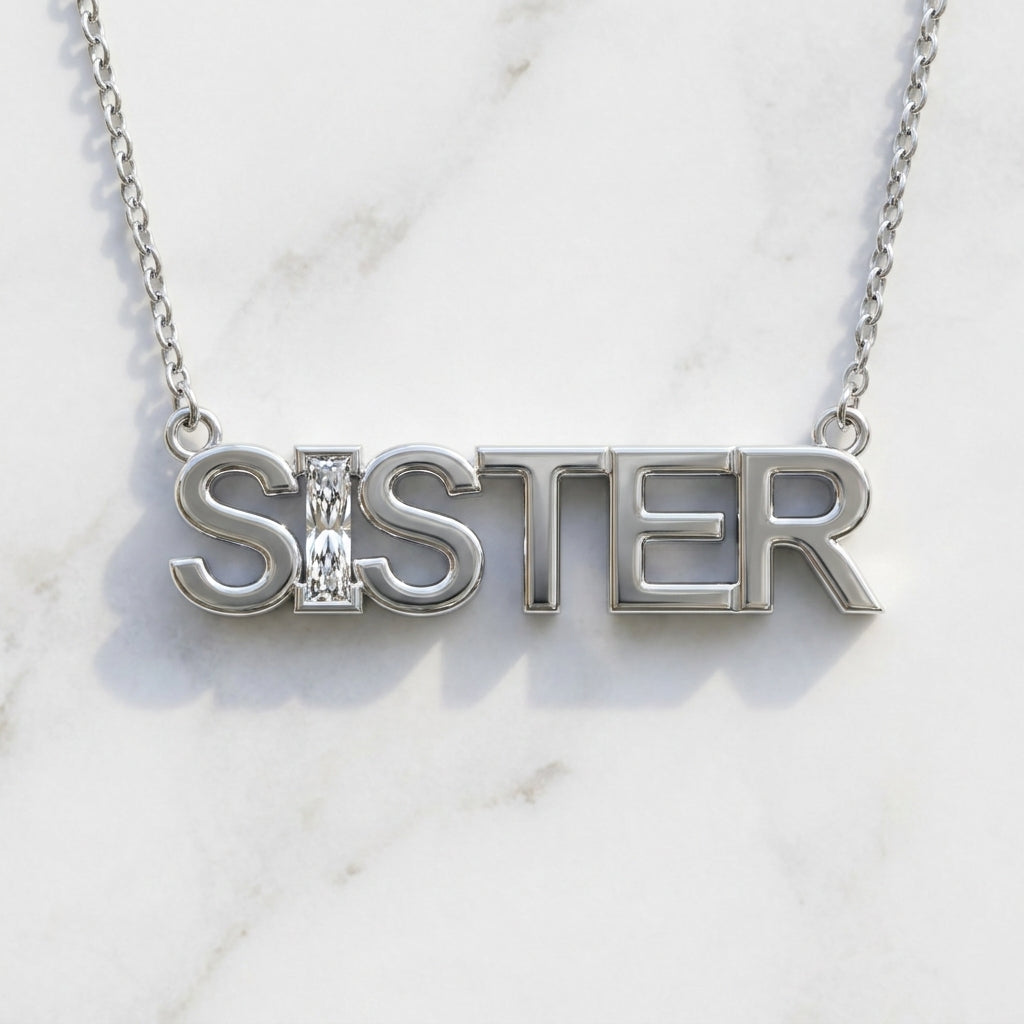 SISTER lab-grown diamond letter necklace in Platinum