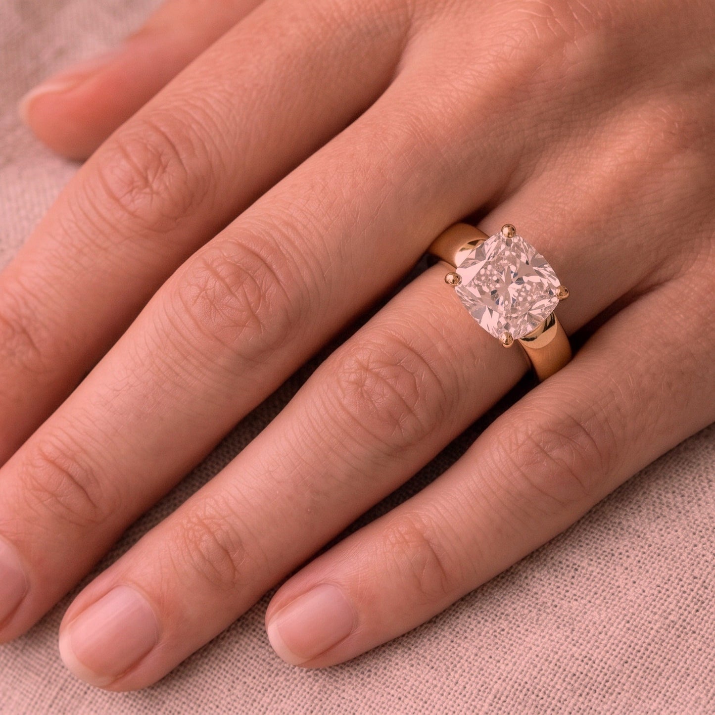 Cushion Bold Band Solitaire, in 14K Rose Gold, prong setting – detail view | RockHer