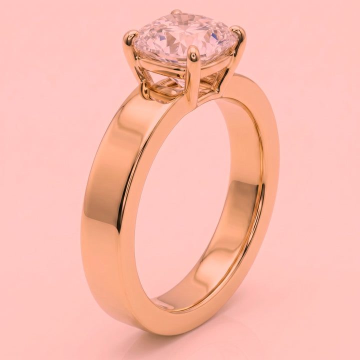 Cushion Bold Band Solitaire, in 14K Rose Gold, prong setting – side profile | RockHer