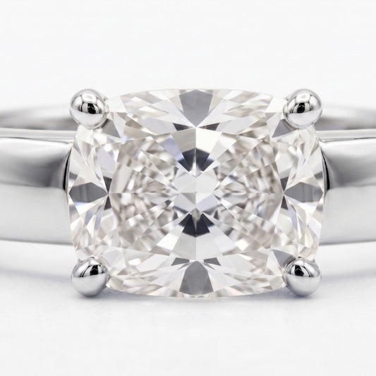 Cushion Bold Band Solitaire, in Platinum, prong setting – front view | RockHer