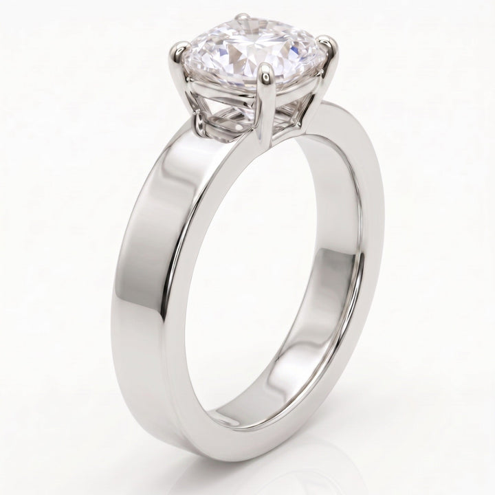 Cushion Bold Band Solitaire, in Platinum, prong setting – side profile | RockHer