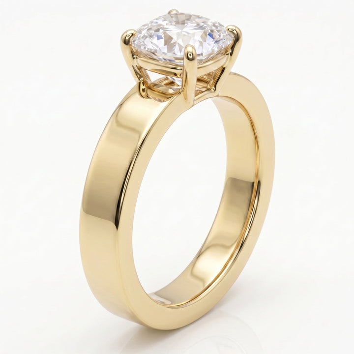 Cushion Bold Band Solitaire, in 18K Yellow Gold, prong setting – side profile | RockHer