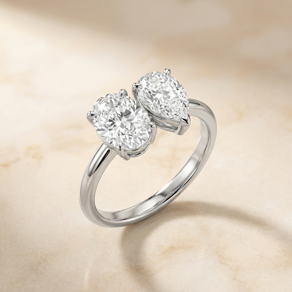 14K White Gold Solange Toi et Moi Select Oval & Pear Lab Diamond Engagement Ring - Alt angle on warm marble