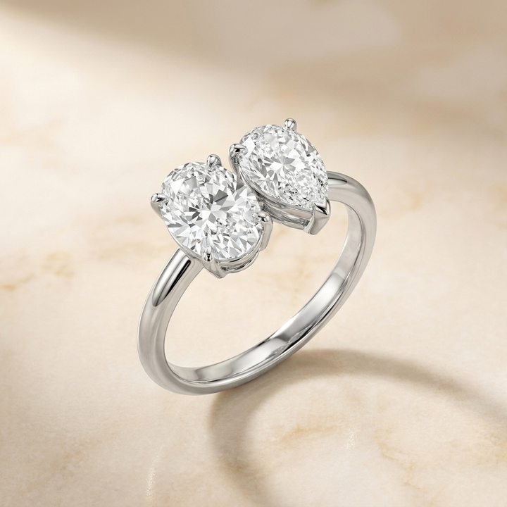 14K White Gold Solange Toi et Moi Select Oval & Pear Lab Diamond Engagement Ring - Alt angle on warm marble