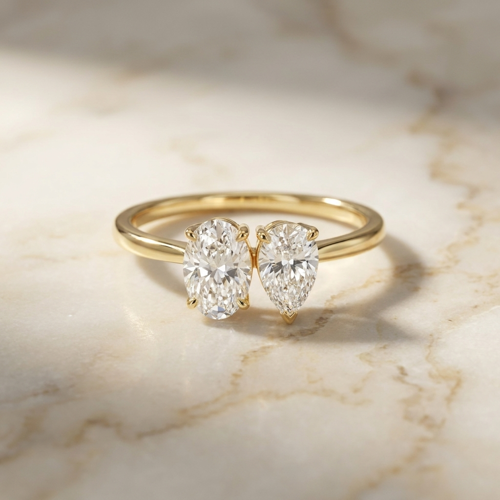 14K White Gold Solange Toi et Moi Select Oval & Pear Lab Diamond Engagement Ring - Hero on warm marble