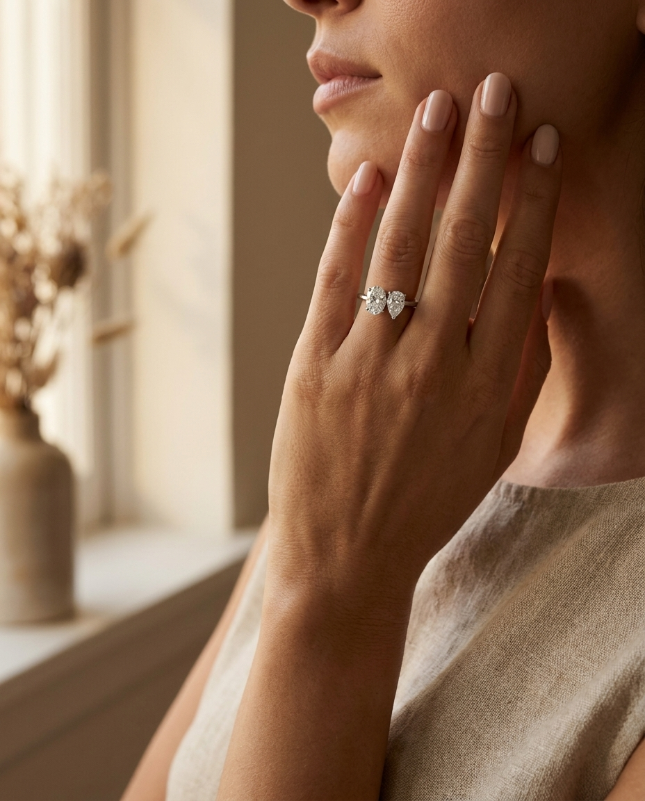 14K White Gold Solange Toi et Moi Select Oval & Pear Lab Diamond Engagement Ring - Lifestyle scene with hand model