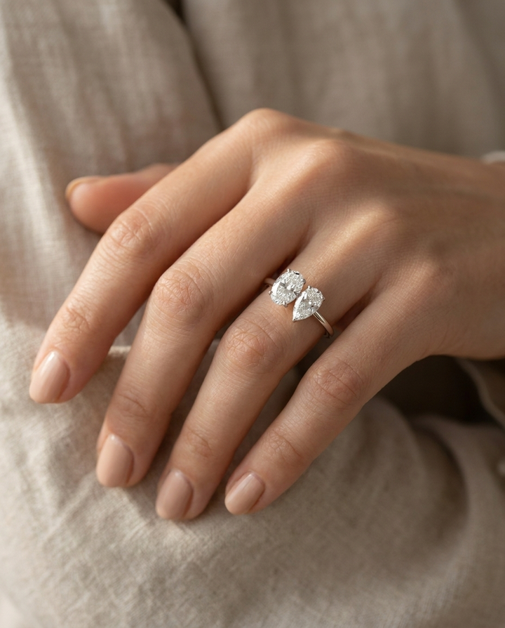 14K White Gold Solange Toi et Moi Select Oval & Pear Lab Diamond Engagement Ring - Ring on hand model