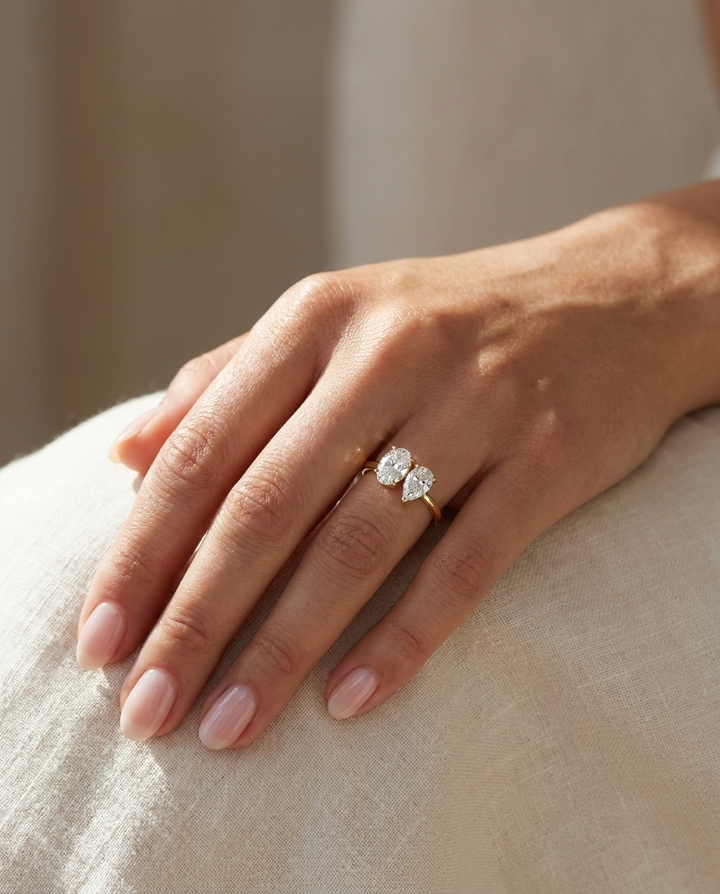 14K Yellow Gold Solange Toi et Moi Select Oval & Pear Lab Diamond Engagement Ring - Ring on hand model