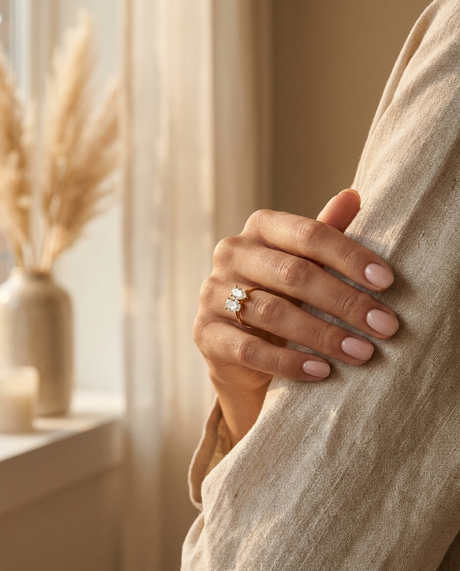 18K Yellow Gold Solange Toi et Moi Select Oval & Pear Lab Diamond Engagement Ring - Lifestyle scene with hand model