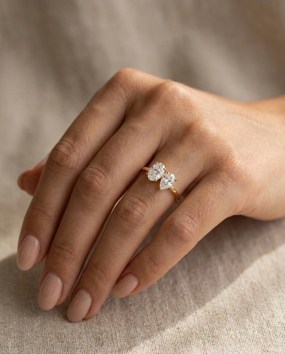 18K Yellow Gold Solange Toi et Moi Select Oval & Pear Lab Diamond Engagement Ring - Ring on hand model