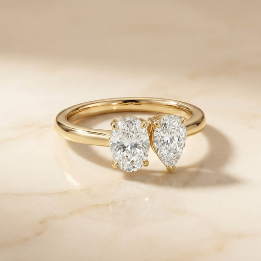 Platinum Solange Toi et Moi Select Oval & Pear Lab Diamond Engagement Ring - Hero on warm marble