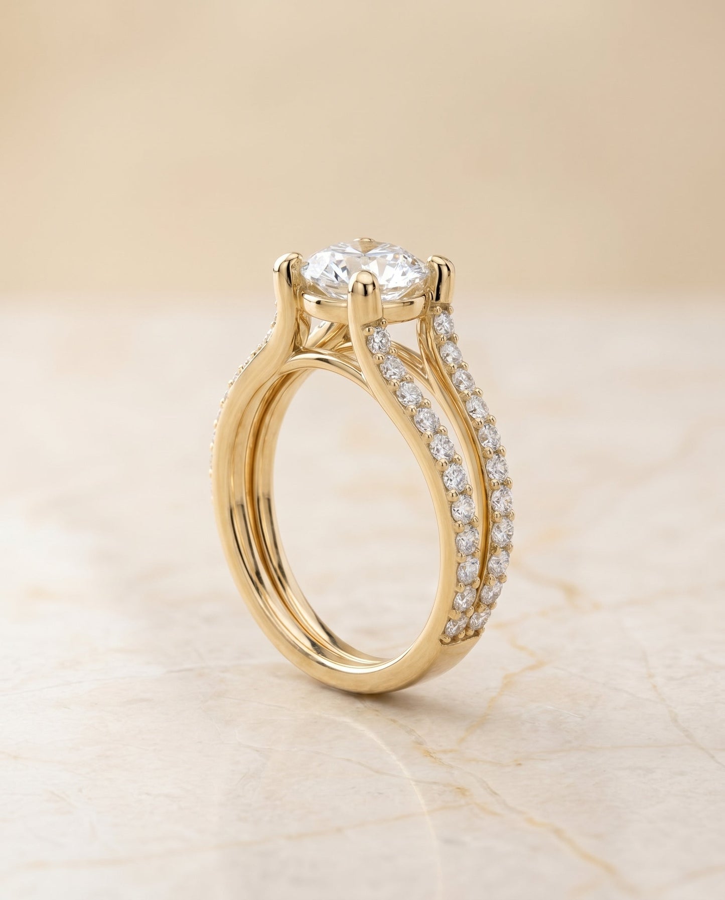 Round Brilliant, Split Shank Pavé, in 18K Yellow Gold – angled view | RockHer