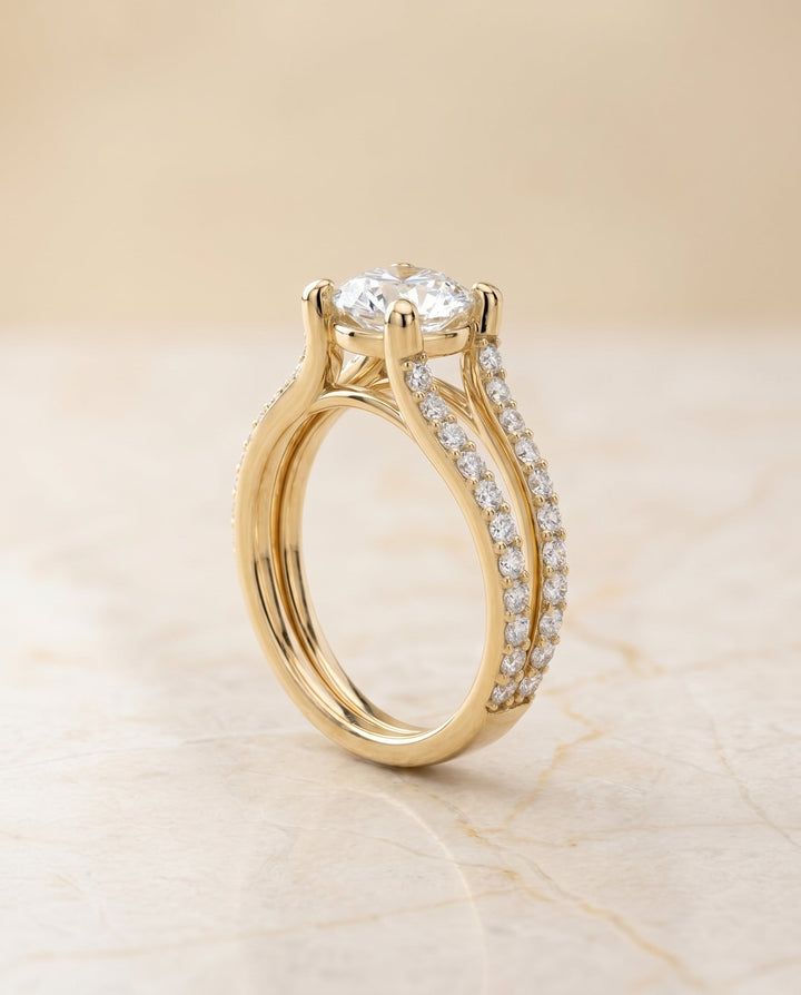 Round Brilliant, Split Shank Pavé, in 18K Yellow Gold – angled view | RockHer