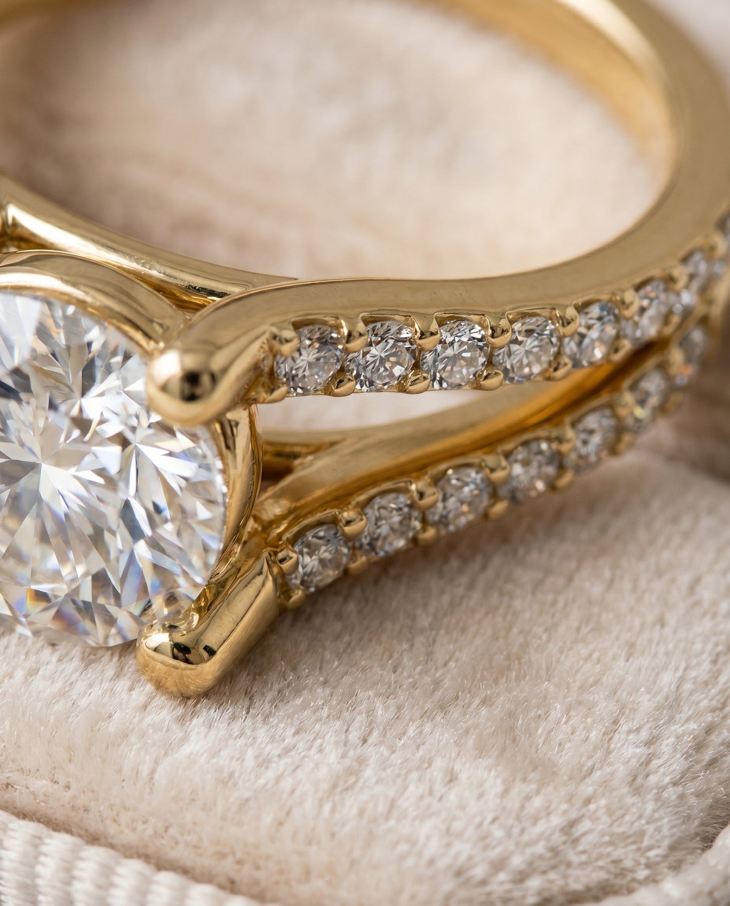 Round Brilliant, Split Shank Pavé, in 18K Yellow Gold – detail view | RockHer