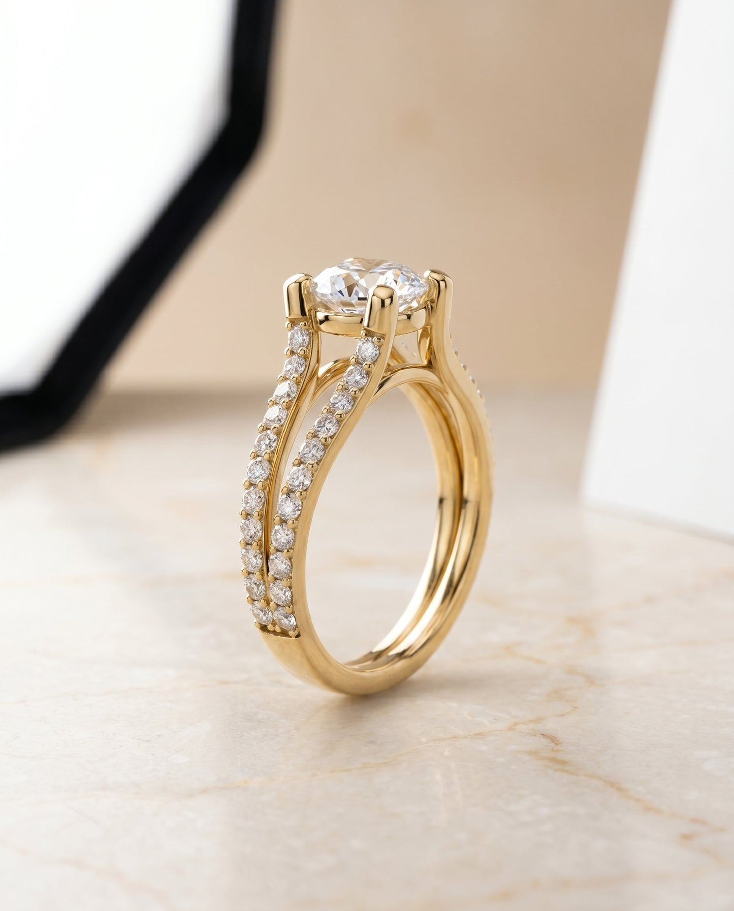 Round Brilliant, Split Shank Pavé, in 18K Yellow Gold – front view | RockHer