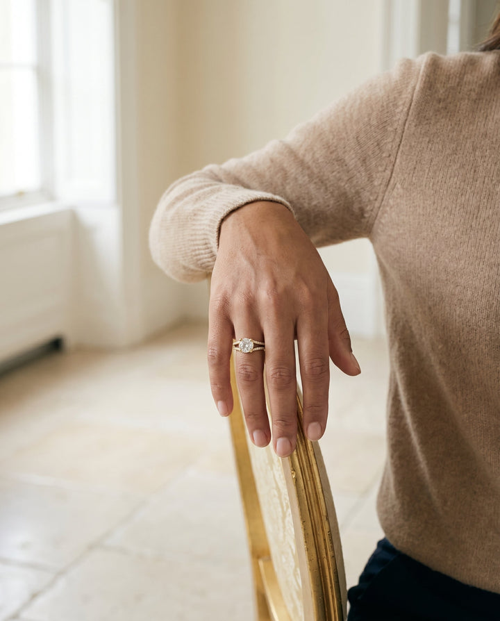 Round Brilliant, Split Shank Pavé, in 18K Yellow Gold – lifestyle shot | RockHer