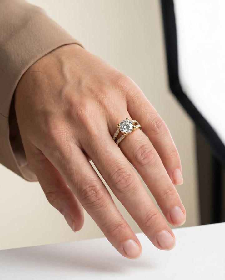 Round Brilliant, Split Shank Pavé, in 18K Yellow Gold – lifestyle shot | RockHer