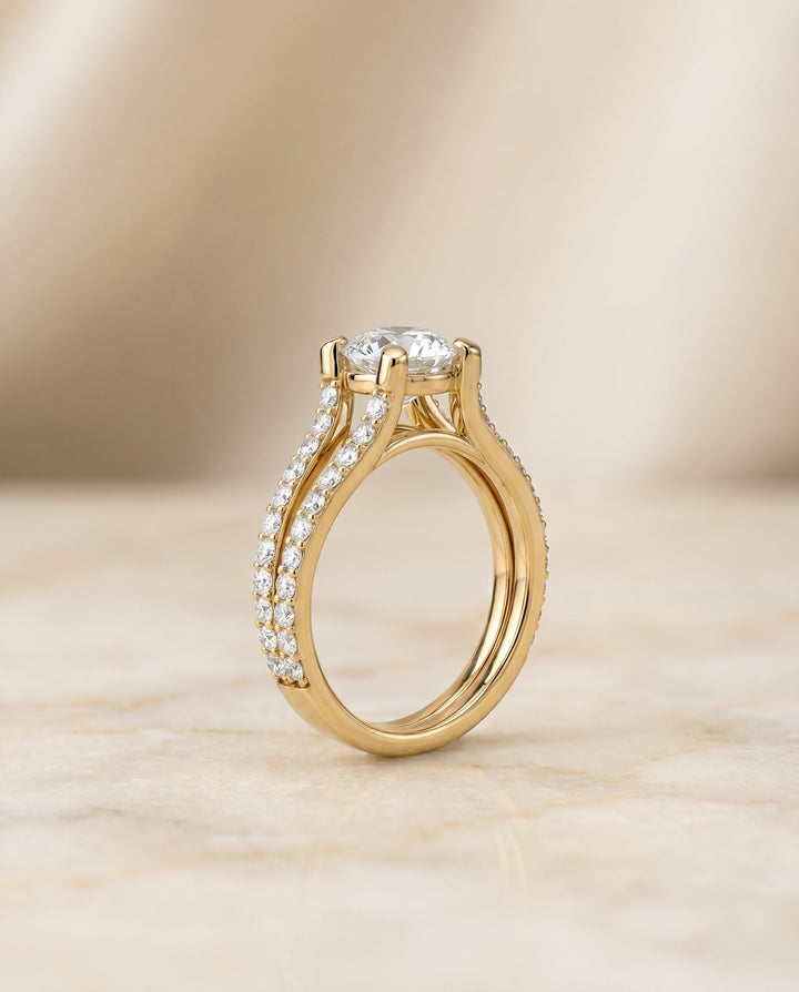 Round Brilliant, Split Shank Pavé, in 18K Yellow Gold – side profile | RockHer