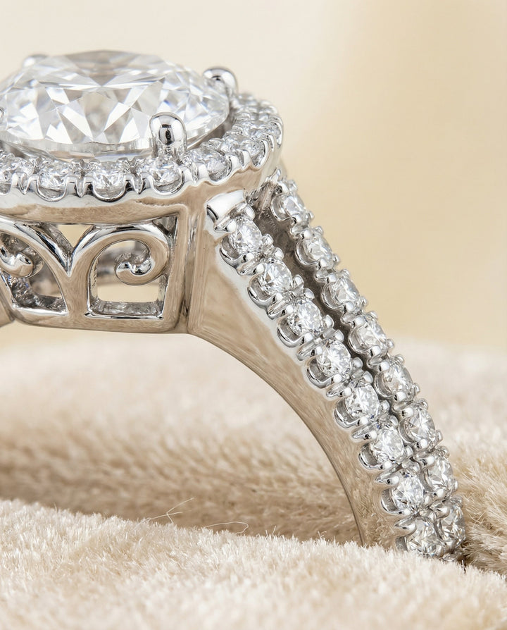 Round Brilliant, Split Shank Pavé Halo Round, in 18K White Gold, pave setting – detail view | RockHer