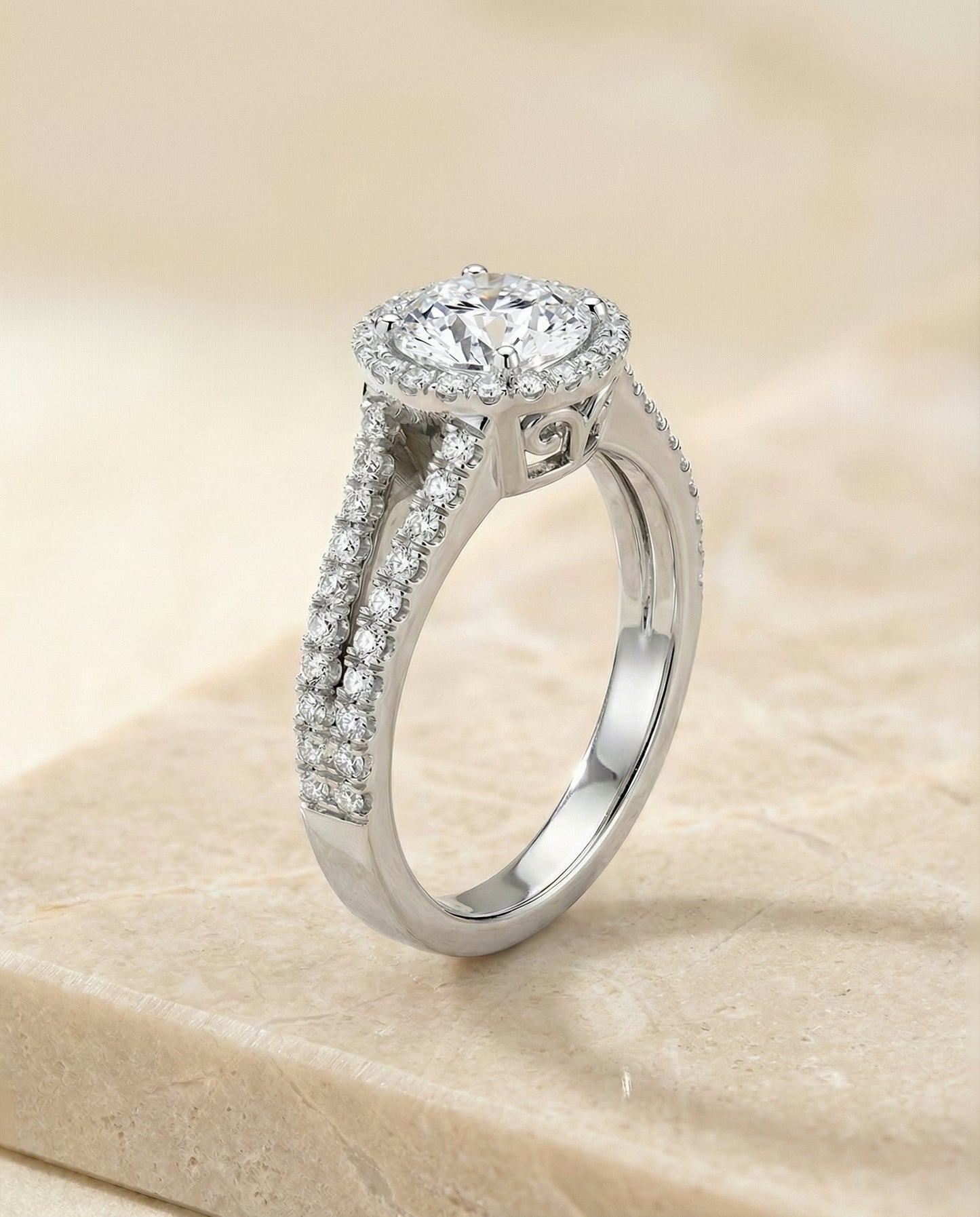 Round Brilliant, Split Shank Pavé Halo Round, in 18K White Gold, pave setting – front view | RockHer