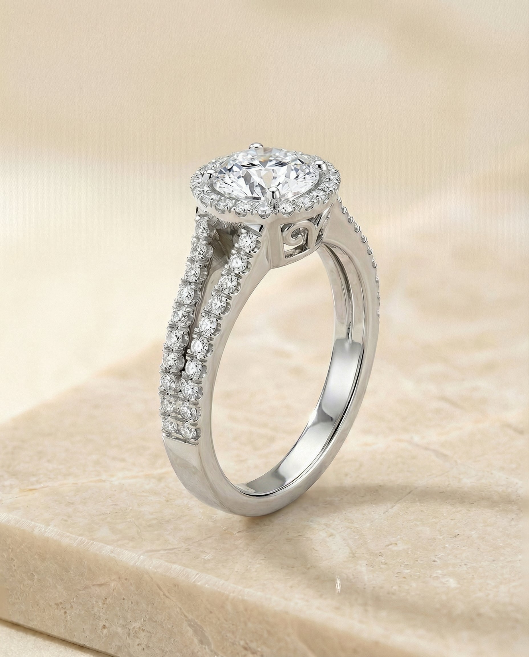 Round Brilliant, Split Shank Pavé Halo Round, in Platinum, pave setting – front view | RockHer