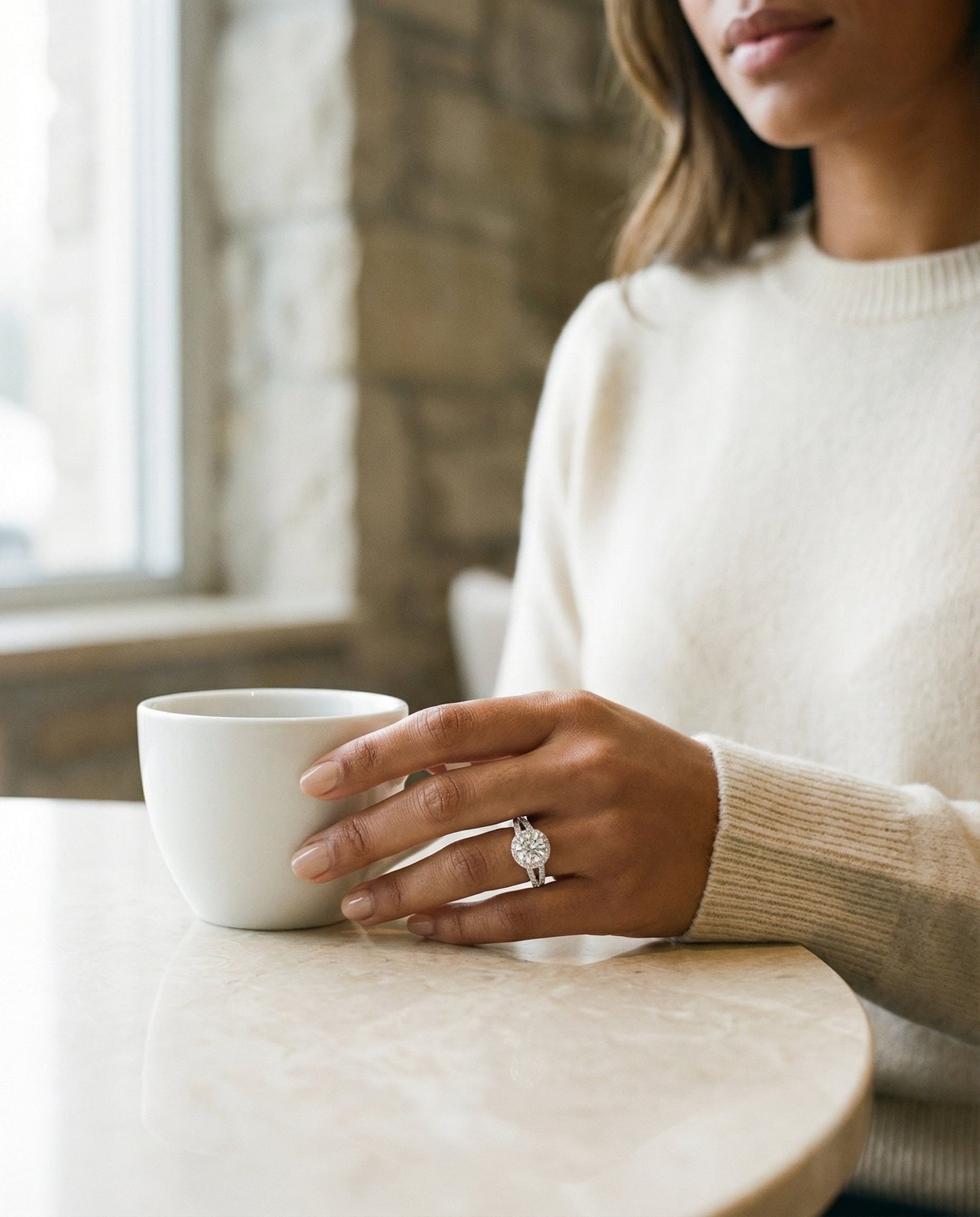 Round Brilliant, Split Shank Pavé Halo Round, in 18K White Gold, pave setting – lifestyle shot | RockHer