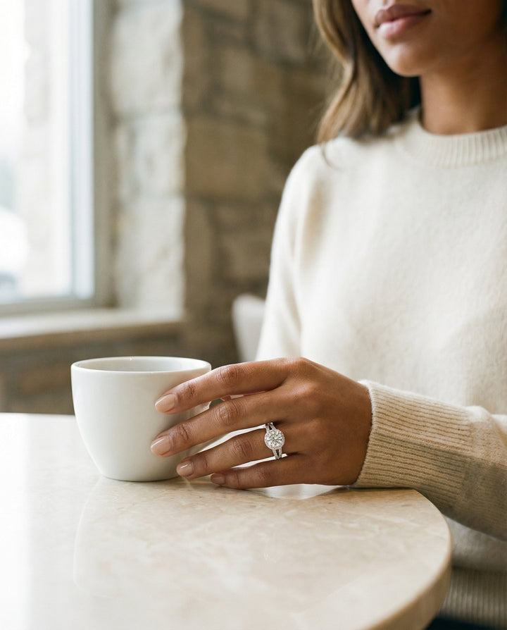 Round Brilliant, Split Shank Pavé Halo Round, in 18K White Gold, pave setting – lifestyle shot | RockHer