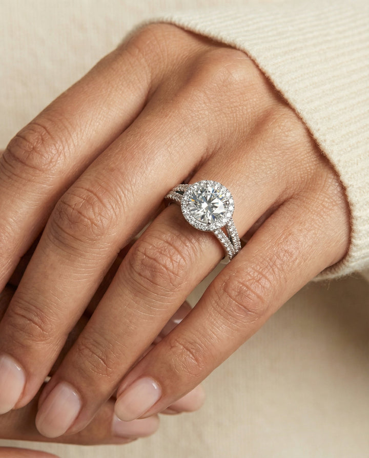 Round Brilliant, Split Shank Pavé Halo Round, in 18K White Gold, pave setting – lifestyle shot | RockHer