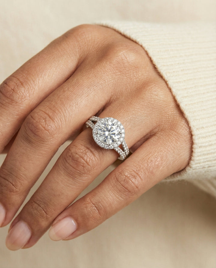 Round Brilliant, Split Shank Pavé Halo Round, in 18K White Gold, pave setting – lifestyle shot | RockHer