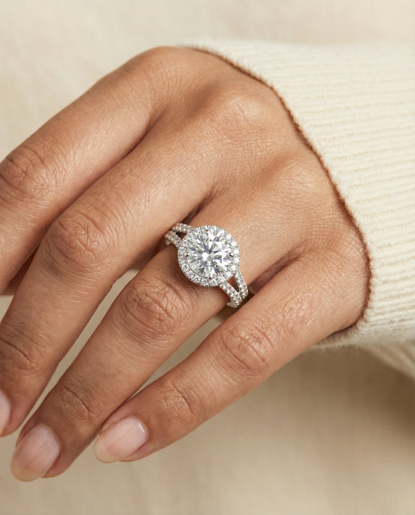 Round Brilliant, Split Shank Pavé Halo Round, in Platinum, pave setting – lifestyle shot | RockHer