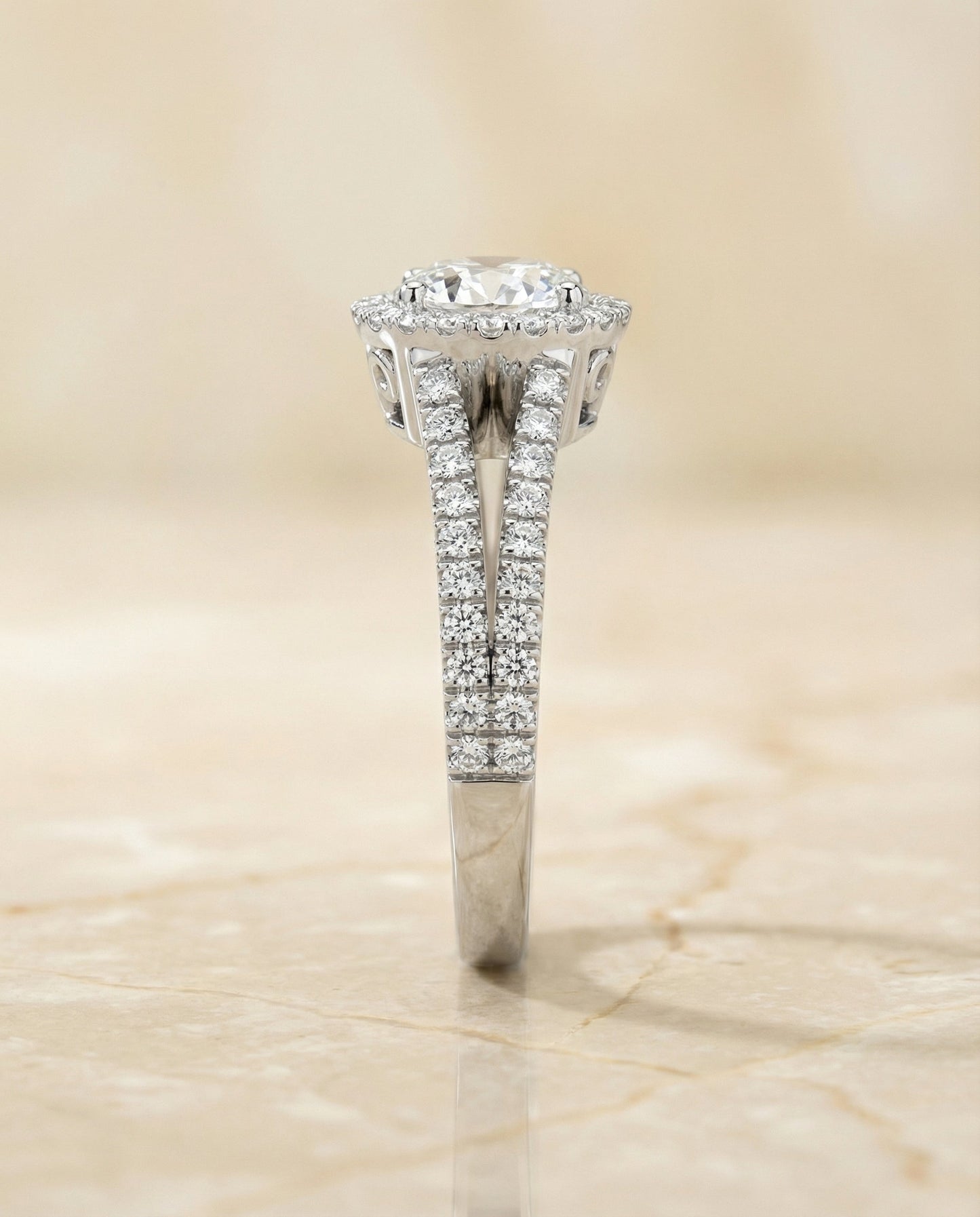 Round Brilliant, Split Shank Pavé Halo Round, in Platinum, pave setting – side profile | RockHer