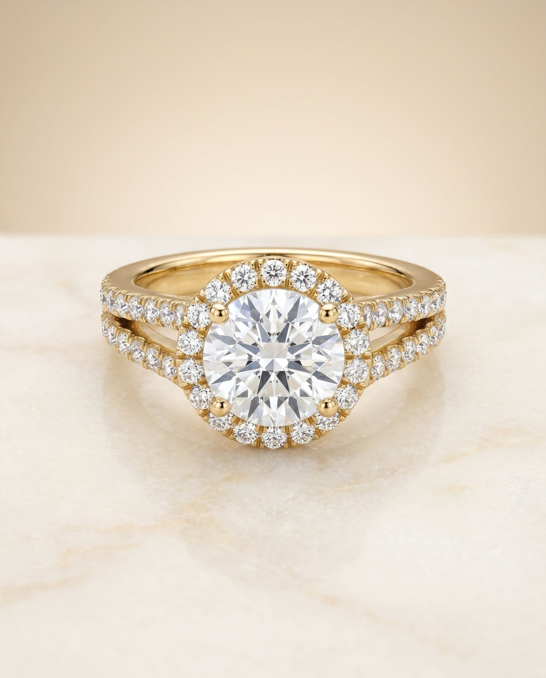 Round Brilliant, Split Shank Pavé Halo Round, in 18K Yellow Gold, pave setting – angled view | RockHer
