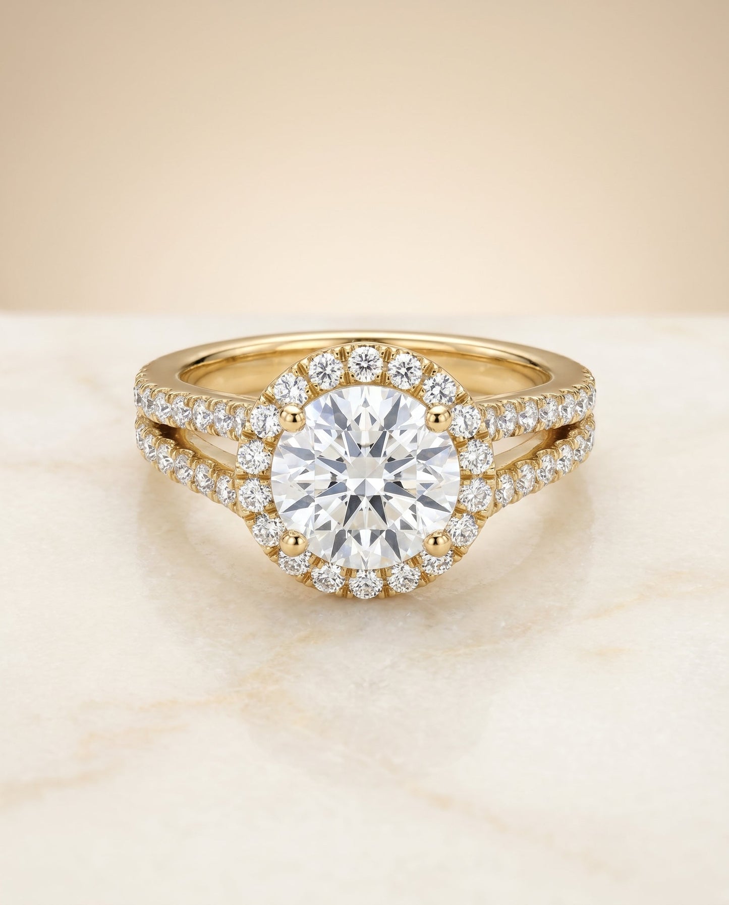 Round Brilliant, Split Shank Pavé Halo Round, in 18K Yellow Gold, pave setting – angled view | RockHer