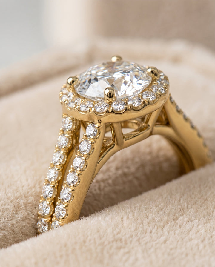 Round Brilliant, Split Shank Pavé Halo Round, in 18K Yellow Gold, pave setting – detail view | RockHer