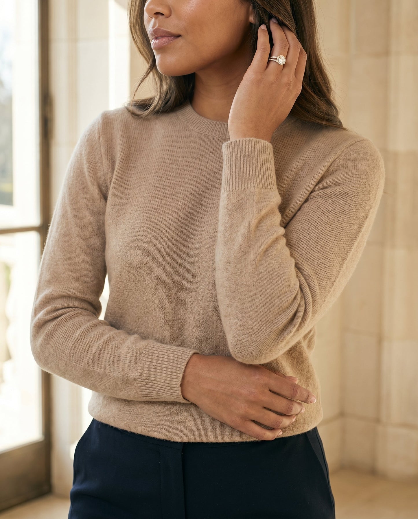 Round Brilliant, Split Shank Pavé Halo Round, in 18K Yellow Gold, pave setting – lifestyle shot | RockHer