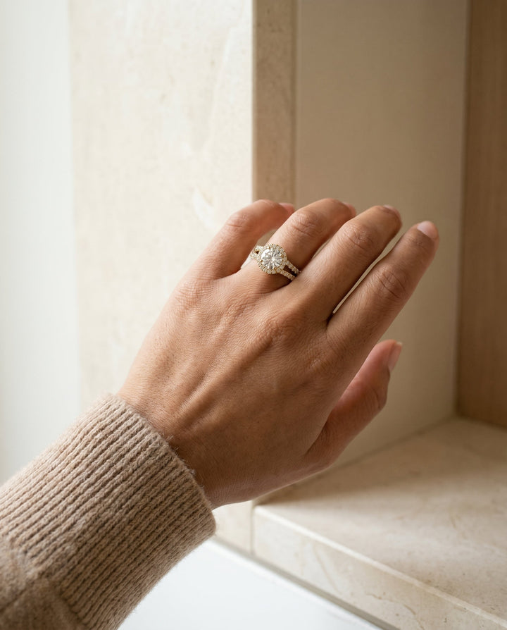 Round Brilliant, Split Shank Pavé Halo Round, in 18K Yellow Gold, pave setting – lifestyle shot | RockHer