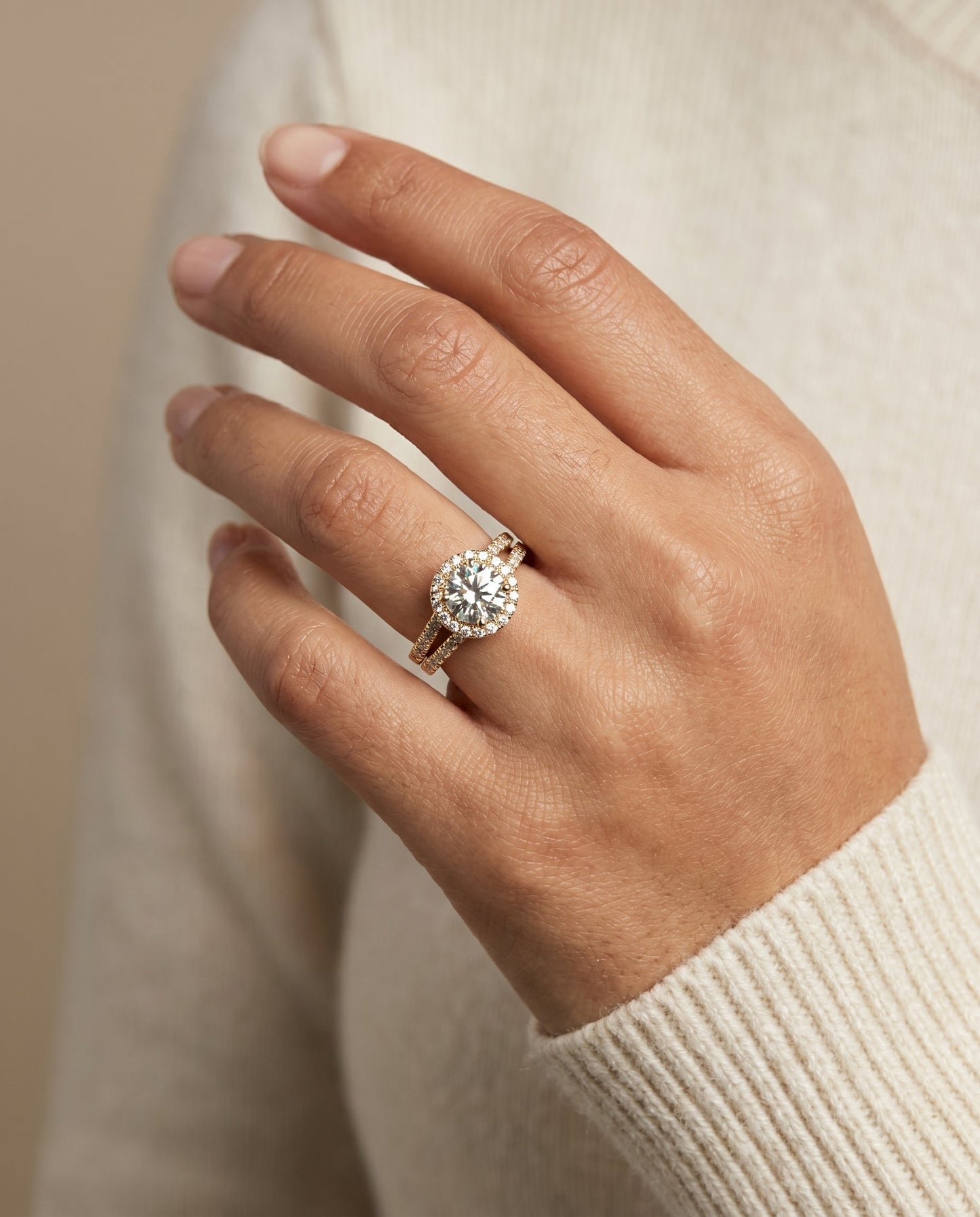 Round Brilliant, Split Shank Pavé Halo Round, in 18K Yellow Gold, pave setting – lifestyle shot | RockHer