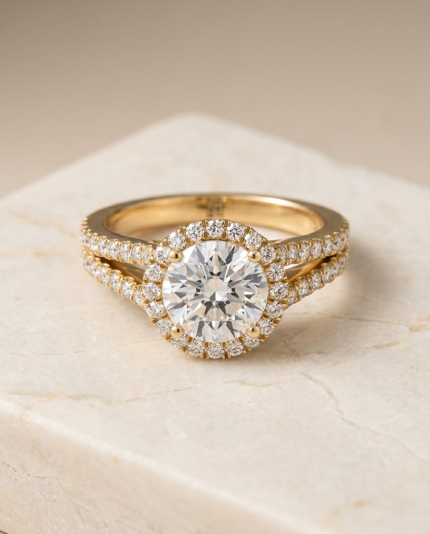 Round Brilliant, Split Shank Pavé Halo Round, in 18K Yellow Gold, pave setting – angled view | RockHer