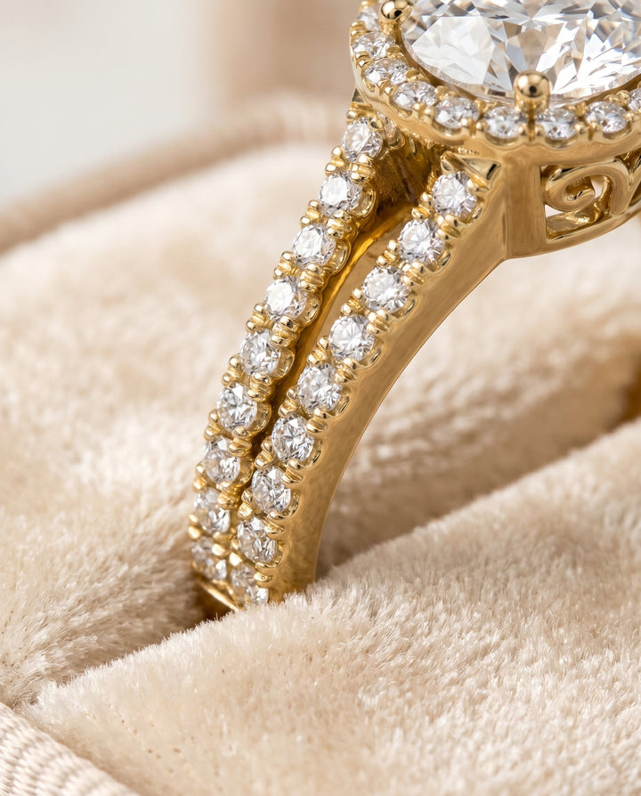 Round Brilliant, Split Shank Pavé Halo Round, in 18K Yellow Gold, pave setting – detail view | RockHer
