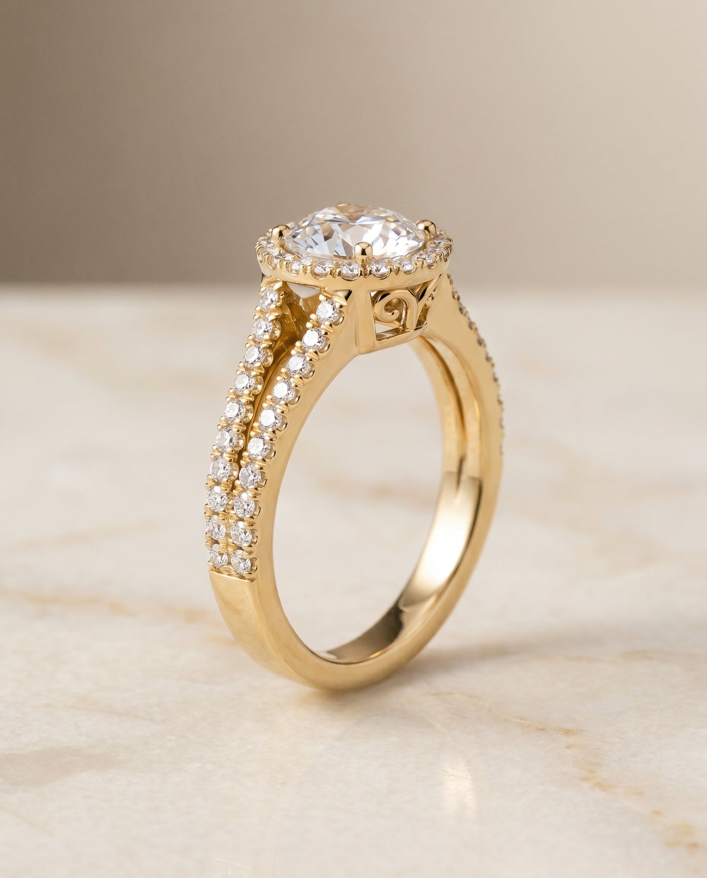 Round Brilliant, Split Shank Pavé Halo Round, in 18K Yellow Gold, pave setting – front view | RockHer