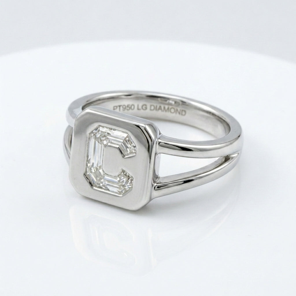 Women's Split Shank lab-grown diamond letter signet ring in Platinum, letter C, product photography