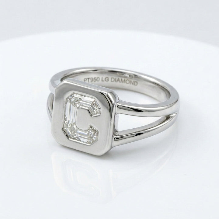 Women's Split Shank lab-grown diamond letter signet ring in Platinum, letter C, product photography