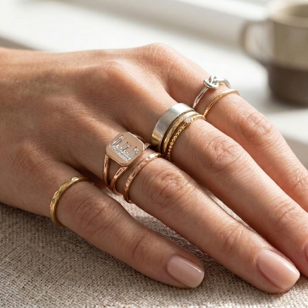 Women's Split Shank lab-grown diamond letter signet ring in 14K Rose Gold, letter E, worn on hand