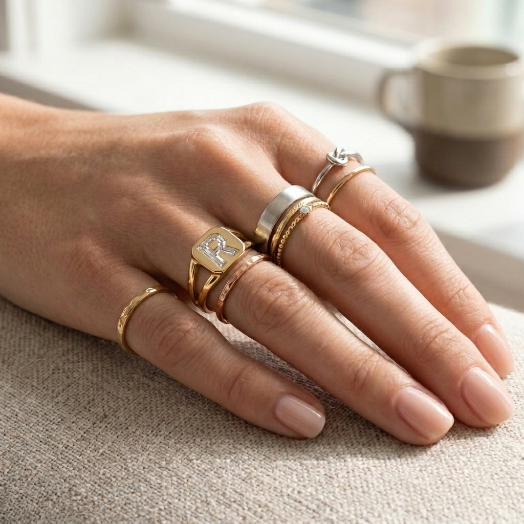 Women's Split Shank lab-grown diamond letter signet ring in 14K Yellow Gold, letter R, worn on hand