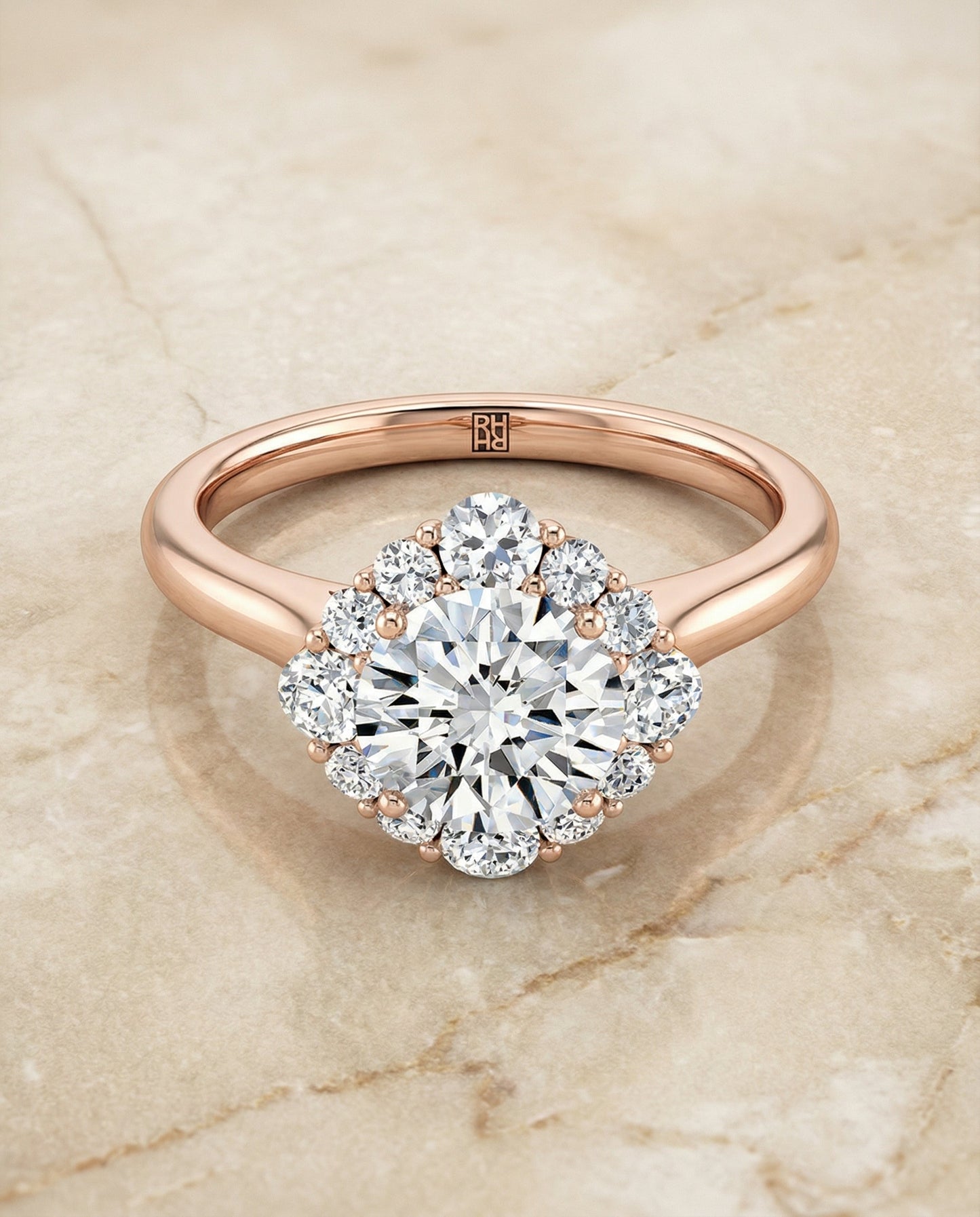 Round Brilliant, Square Halo Secret Stone, in 14K Rose Gold – angled view | RockHer